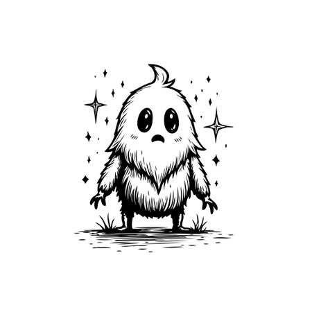A black and white drawing of a fluffy, cartoonish monster with a melancholy expression. The image exudes a whimsical and childlike charm, making it suitable for various playful and creative projects.のイラスト素材
