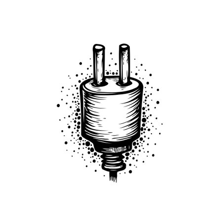 A hand drawn electric plug illustration with retro aesthetic style and dotwork background, presenting a vintage power connection object sketch. Perfect for technology and industrial themes.のイラスト素材