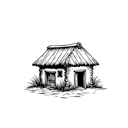 A monochrome illustration depicts a vintage rural thatched house, exuding architectural simplicity and old countryside charm. It evokes a sense of historical living and rustic dwelling.のイラスト素材