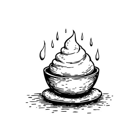 A monochrome drawing of a creamy dessert, with a swirl shape in a bowl. Droplets of syrup are falling, adding a sweet touch to the illustration.のイラスト素材