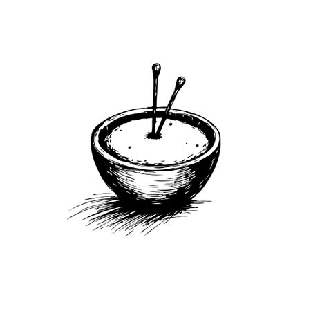 An ink drawing portrays a small bowl filled with liquid, accompanied by sticks, creating an abstract representation, a vintage style.のイラスト素材
