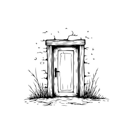 This illustration depicts a vintage wooden door set into a stone wall, rendered in a sketchy style. It evokes a sense of mystery and forgotten places.のイラスト素材