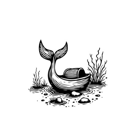 A black and white illustration features a boat shaped like a whale, in an aquatic setting, complete with rocks and seaweed, creating a serene, fantastical image.のイラスト素材