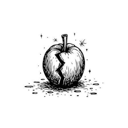 Cracked apple hand drawn illustration representing brokenness, fragility, and imperfections. The detailed sketch captures the vulnerability within nature, symbolizing flaws and ruptures.のイラスト素材