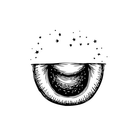 A captivating hand-drawn illustration depicts a halved object with stars radiating upward, creating a whimsical and dreamy aesthetic suitable for various creative projects.のイラスト素材