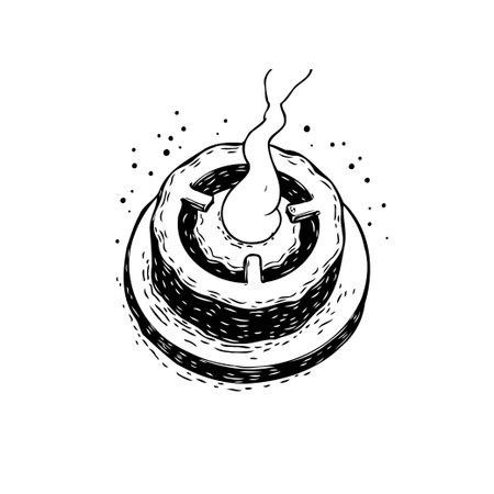 This is a hand-drawn illustration of a burning incense stick in an ashtray. This black and white image evokes relaxation, spirituality, and a touch of zen.のイラスト素材
