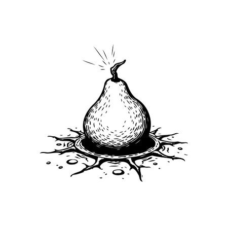 A vintage-style illustration captures a pear, seemingly sprouting from a cosmic portal. The artwork is black and white, blending natural elements with a hint of the surreal. Isolated, perfect for any project.のイラスト素材