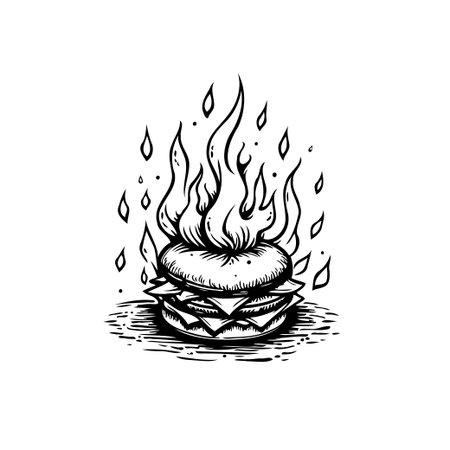 A black and white drawing of a burger engulfed in flames. Vector graphic of an illustration.  Perfect for fast food themed designs.のイラスト素材