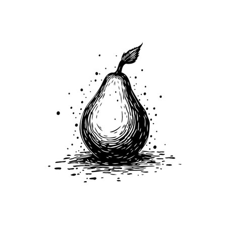 Black and white drawing of a pear with detailed textures. Illustration suitable for culinary concepts, product packaging, or vintage-themed designs. An elegant and minimalistic artistic touch.のイラスト素材