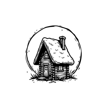 A black and white illustration of a quaint wooden cabin. Surrounded by a circle with grass, the image captures rustic simplicity.のイラスト素材