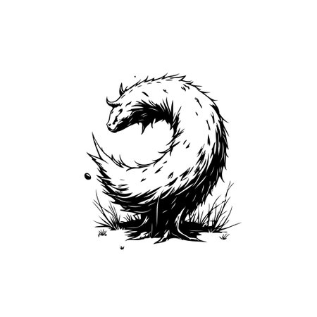 A stylized black and white illustration of a badger-like creature with thick fur, depicted in a whimsical and artistic style. The image evokes a sense of nature and fantasy.のイラスト素材