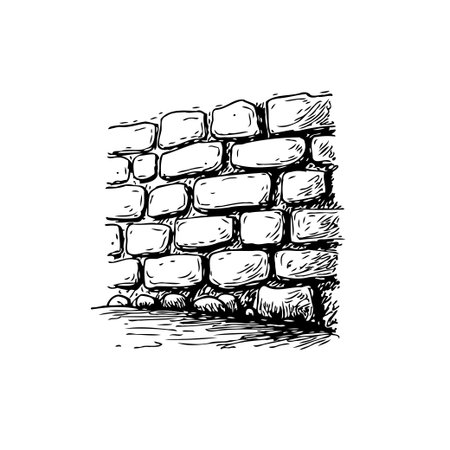 Detailed black and white illustration of a rustic stone wall. Perfect for adding a touch of vintage charm to your design projects.のイラスト素材