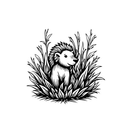 A charming black and white illustration depicts a hedgehog nestled amidst lush, tall grass. The artwork captures the serene beauty of nature and wildlife.のイラスト素材