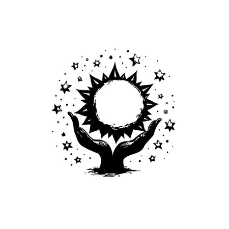 An illustration featuring hands holding the sun, surrounded by shining stars. This creates a mystical and spiritual image with a cosmic and ethereal feel.のイラスト素材