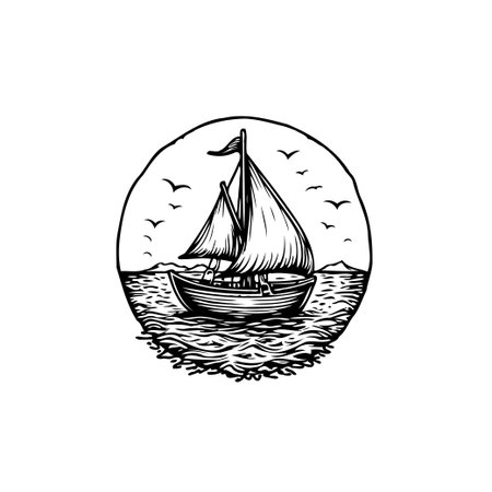 A beautifully crafted vintage illustration of a sailboat sailing on the open sea. Perfect for travel, nautical themes, or any design needing a touch of classic adventure.のイラスト素材