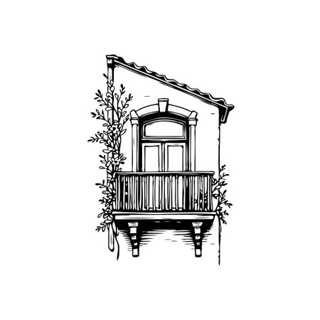 A detailed sketch of a balcony adorned with climbing plants offers a glimpse of classic architecture and timeless charm, ideal for historical or artistic projects.のイラスト素材