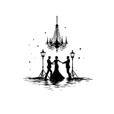 Black and white silhouette vector art of a couple dancing under a chandelier near vintage street lights, creating an atmosphere of romantic celebration.のイラスト素材