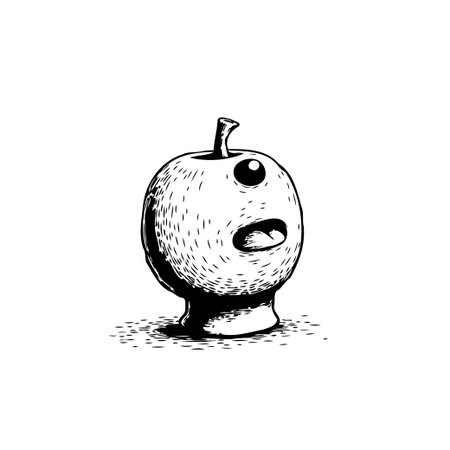 A black and white drawing of a fruit character with a googly eye and expressive mouth, isolated on a white background. Whimsical design is funny and odd.のイラスト素材