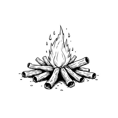 A detailed black and white illustration of a campfire, highlighting the burning flames and the texture of stacked firewood, perfect for designs needing a rustic touchのイラスト素材