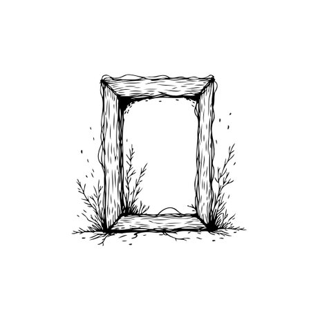 An artistic illustration featuring a rustic wooden frame surrounded by plants, evoking a sense of nature and vintage charm. A minimalist design that adds elegance.のイラスト素材