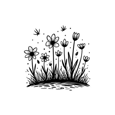A charming hand-drawn illustration features a floral meadow with a variety of flowers and grass, rendered in simple black and white lines, creating a nature scene.のイラスト素材
