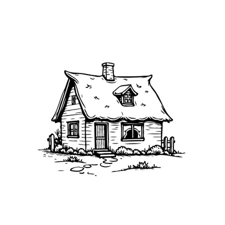 A delightful black and white sketch captures the essence of a quaint cottage, complete with a charming thatched roof and rustic details. This whimsical drawing evokes a sense of serenity and rural tranquility.のイラスト素材