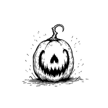 A black and white hand-drawn illustration of a spooky halloween pumpkin with a carved face. This image evokes a vintage and eerie festive vibe.のイラスト素材