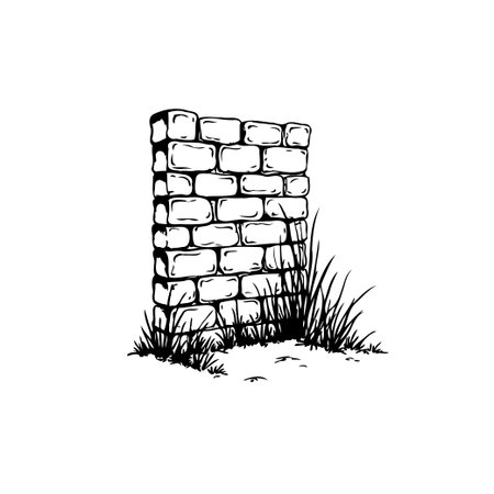 Hand-drawn brick wall with grass. This rustic illustration is perfect for architectural designs, backgrounds, and nature-themed presentations. The black and white sketch conveys a vintage, textured feel.のイラスト素材
