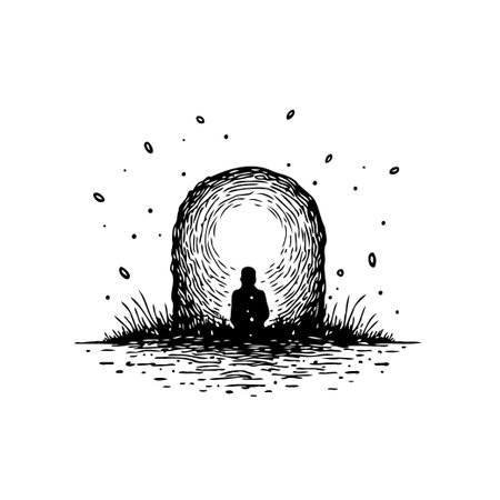 A minimalist black and white illustration shows a solitary figure meditating before an ethereal portal, evoking tranquility and self-discovery.のイラスト素材