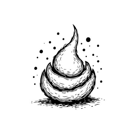 A stylized monochrome illustration presents a stack of peeled fruit sections, designed to resemble a flame, isolated on a white background. The drawing is simple and decorative.のイラスト素材