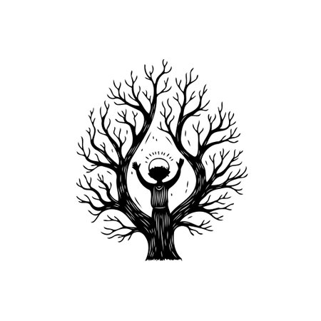 Stylized illustration features a child embraced by a tree, conveying themes of growth, spirituality, and harmonious connection with nature. Evokes feelings of hope and vitality.のイラスト素材