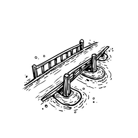A hand-drawn illustration showcases a simple wooden bridge spanning water, rendered in a charming cartoon style. The artwork is a detailed sketch.のイラスト素材