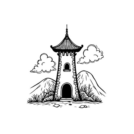 A monochrome illustration showcases an Asian-inspired tower amidst a mountain landscape. Clouds drift by, creating a serene and peaceful atmosphere, evoking a sense of tranquility and harmony.のイラスト素材
