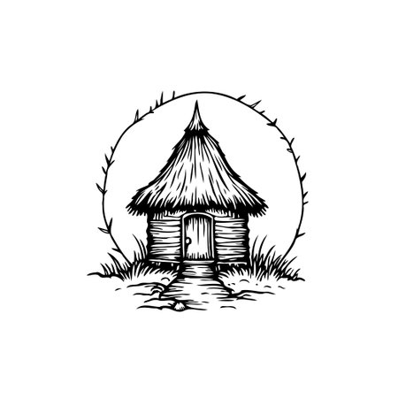 A charming black and white illustration of a witch's hut, featuring a thatched roof and a thorny wreath. The rustic design evokes a sense of fairytale magic.のイラスト素材