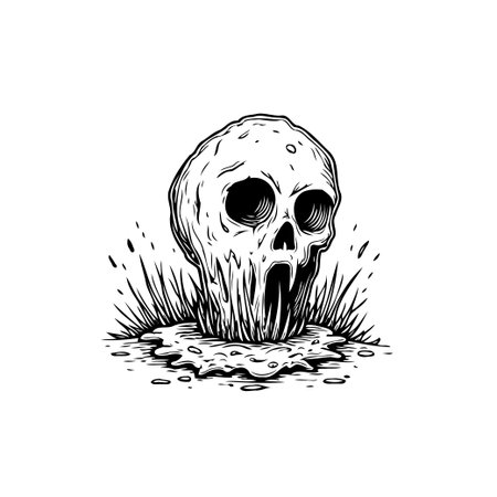 A stylized skull illustration with a melting effect, rendered in black and white line art. It evokes a creepy, spooky atmosphere suitable for Halloween or gothic-themed designs.のイラスト素材