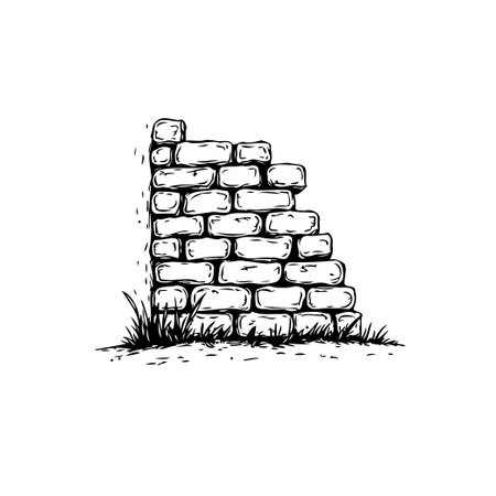 Illustration of a hand-drawn brick wall with grass. This image depicts urban decay and rustic architecture in a monochrome style, suitable for various design purposes.のイラスト素材