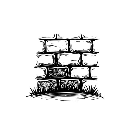 Detailed hand drawn brick wall illustration with grass in a simple monochrome style. Perfect for vintage or rustic themed designs.のイラスト素材