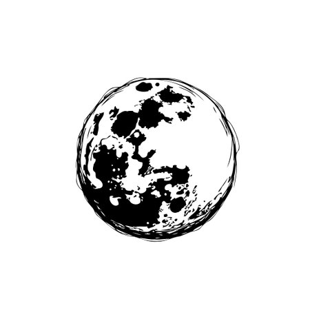 A monochrome illustration of a full moon shows its craters and texture. Rendering creates a dreamlike and atmospheric effect on a white background.のイラスト素材