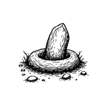 This striking monochrome illustration presents a stone formation with a unique circular feature. The surrounding rocks add to the scene's natural and ancient aesthetic.のイラスト素材