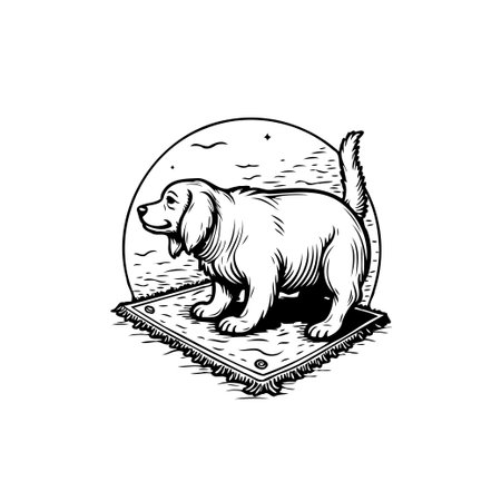 Monochrome vector illustration depicting a cute dog standing on a carpet, set against a circular landscape. Ideal for children's books, branding, and whimsical designs.のイラスト素材