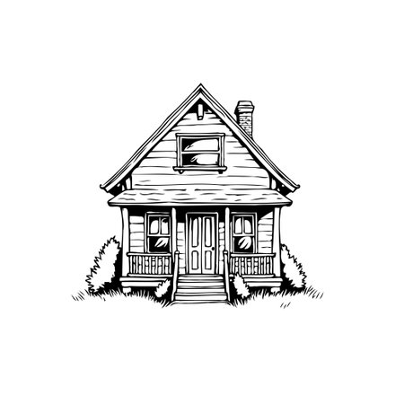 A detailed black and white sketch of a small, charming house. The illustration captures architectural details and conveys a sense of home and rustic beauty.のイラスト素材