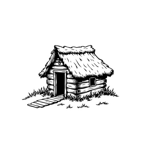 A detailed black and white illustration of a rustic cabin with a thatched roof, embodying the simplicity and charm of rural architecture.のイラスト素材