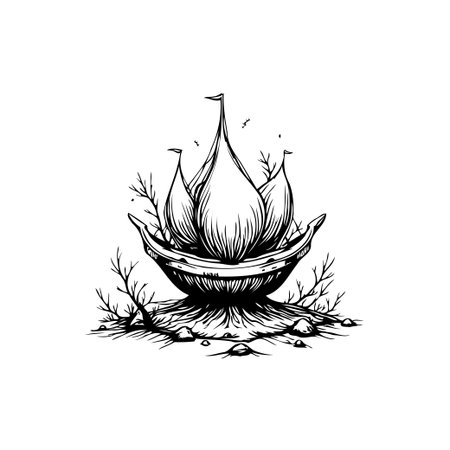 This minimalist black and white illustration showcases a fantasy plant with flag-topped buds, roots, and branches, perfect for art and creative projects.のイラスト素材