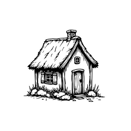 A delightful sketch of a rustic cottage with a thatched roof evokes a sense of charm and simplicity in countryside living. This drawing captures the quaint essence of rural architecture.のイラスト素材