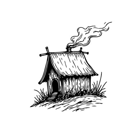 A hand-drawn sketch of a rustic cabin with smoke emanating from the chimney, conveying a sense of warmth and tranquility.のイラスト素材