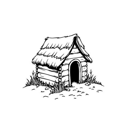 A charming illustration of a rustic doghouse featuring a log cabin style with a thatched roof nestled in grass. This evokes a sense of fairytale countryside architecture.のイラスト素材