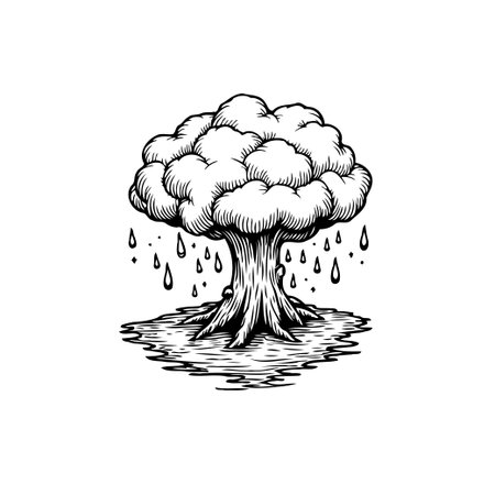 Monochrome drawing of a stylized tree with cloud-like foliage, depicted with raindrops forming a puddle below. The illustration captures the essence of nature's elements.のイラスト素材
