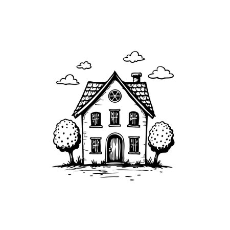 A charming hand-drawn illustration of a house nestled between trees and fluffy clouds. This sketch-style artwork creates a cozy and inviting ambiance.のイラスト素材