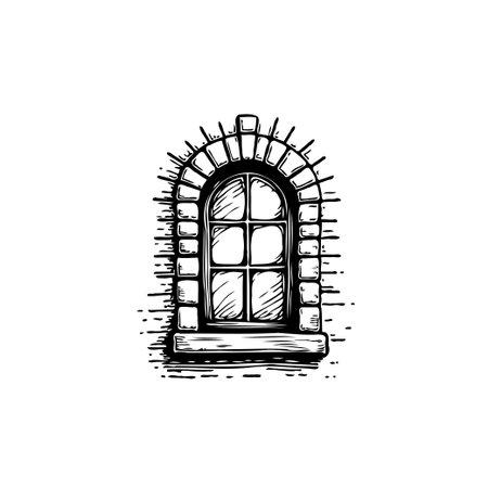 A hand-drawn illustration features an elegant vintage window with a brick archway. The design showcases the beauty of historical architecture and intricate details.のイラスト素材