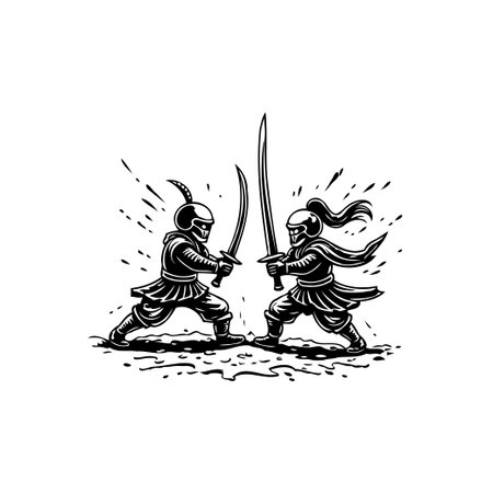 A stylized black and white illustration depicts two ancient warriors engaged in a fierce sword fight, showcasing a blend of traditional martial arts and historical combat.のイラスト素材
